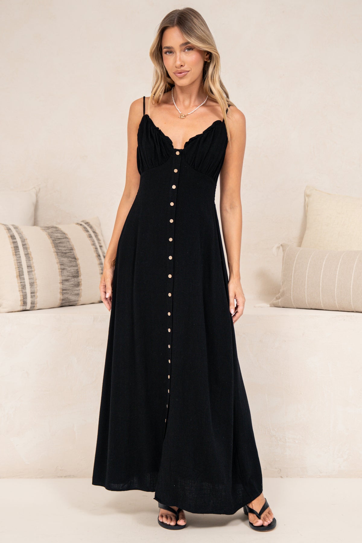 Violetta Maxi Dress - Ruffle Detailed Tie Shoulder Linen Blend Sun Dress in Black