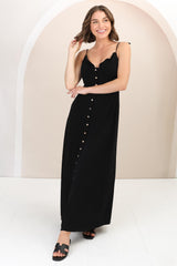 Violetta Maxi Dress - Ruffle Detailed Tie Shoulder Linen Blend Sun Dress in Black