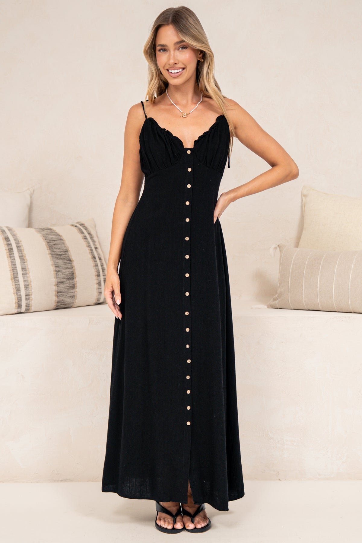 Violetta Maxi Dress - Ruffle Detailed Tie Shoulder Linen Blend Sun Dress in Black