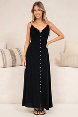Violetta Maxi Dress - Ruffle Detailed Tie Shoulder Linen Blend Sun Dress in Black