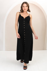 Violetta Maxi Dress - Ruffle Detailed Tie Shoulder Linen Blend Sun Dress in Black