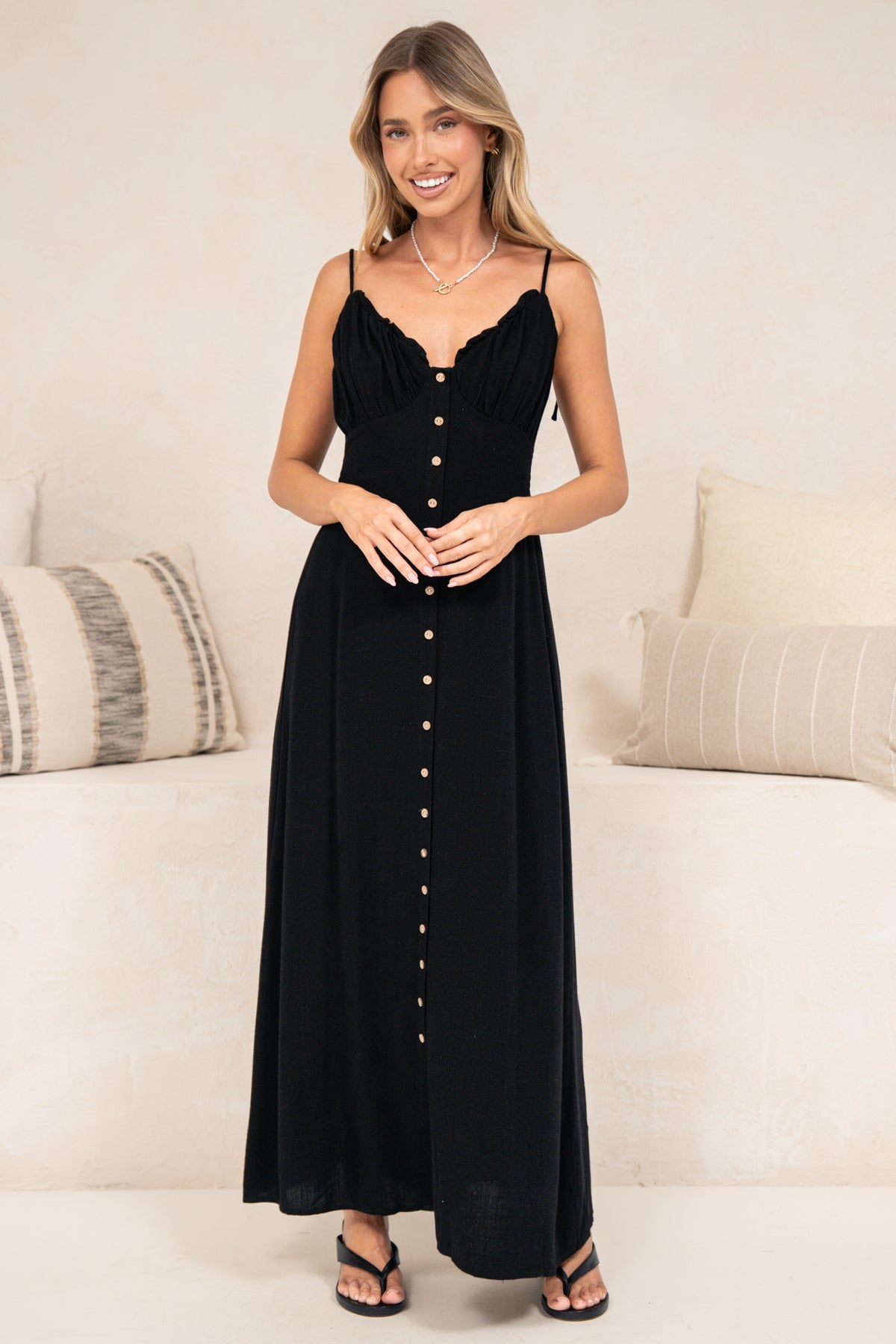 Violetta Maxi Dress - Ruffle Detailed Tie Shoulder Linen Blend Sun Dress in Black