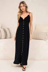Violetta Maxi Dress - Ruffle Detailed Tie Shoulder Linen Blend Sun Dress in Black