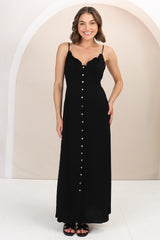 Violetta Maxi Dress - Ruffle Detailed Tie Shoulder Linen Blend Sun Dress in Black