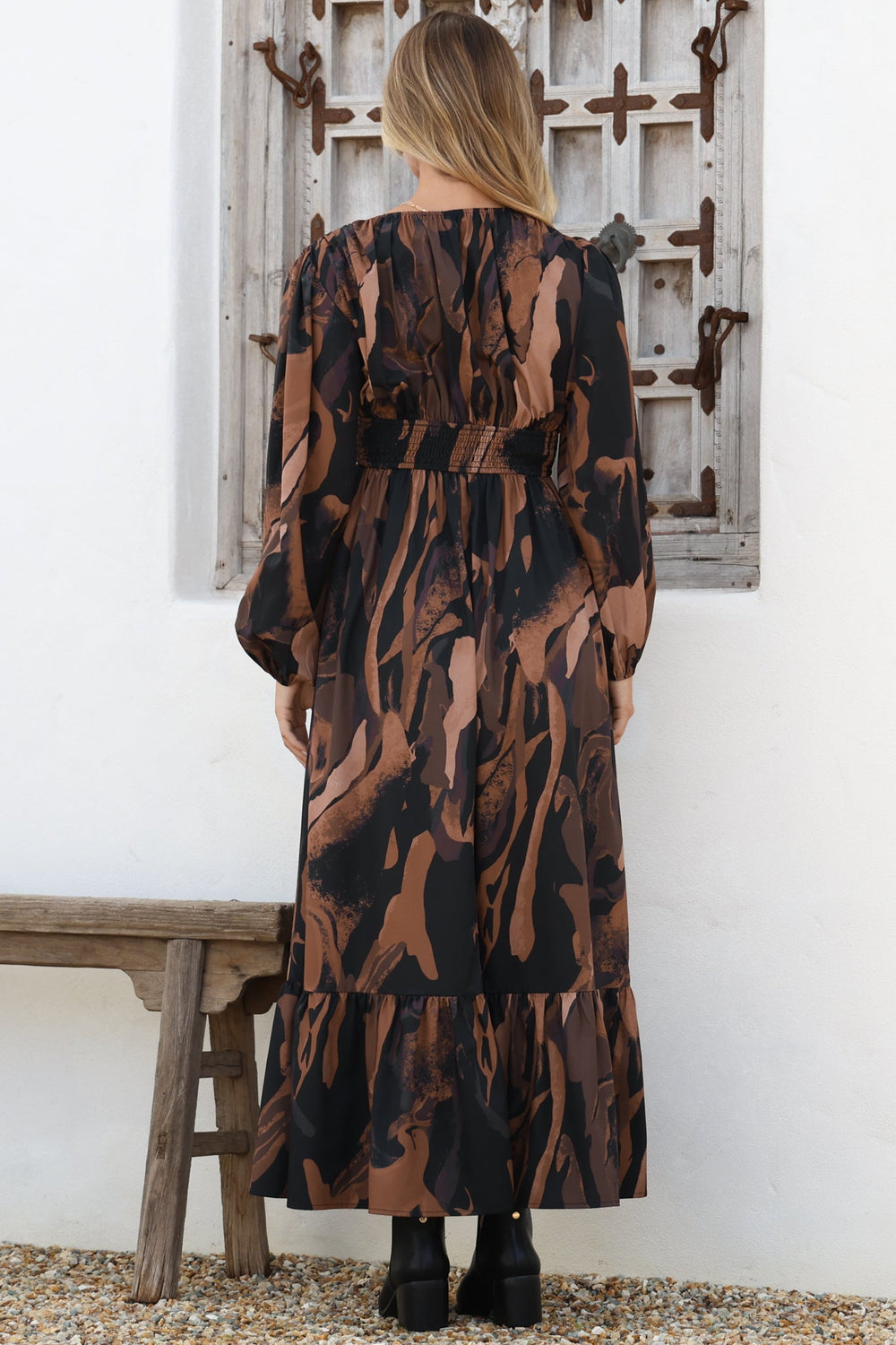 Violla Maxi Dress - V Neck Shirred Waist A Line Dress in Chelsea Print Brown