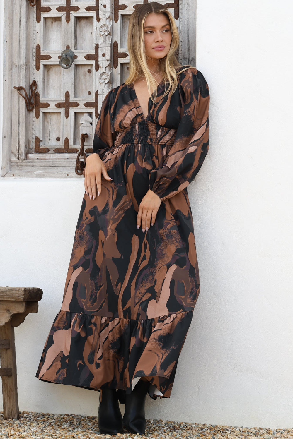 Violla Maxi Dress - V Neck Shirred Waist A Line Dress in Chelsea Print Brown