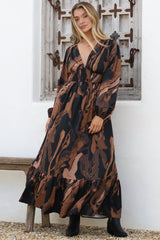 Violla Maxi Dress - V Neck Shirred Waist A Line Dress in Chelsea Print Brown
