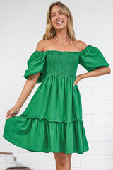 Virdia Mini Dress - On or Off Shoulder Puff Sleeve A Line Dress with Pockets in Green