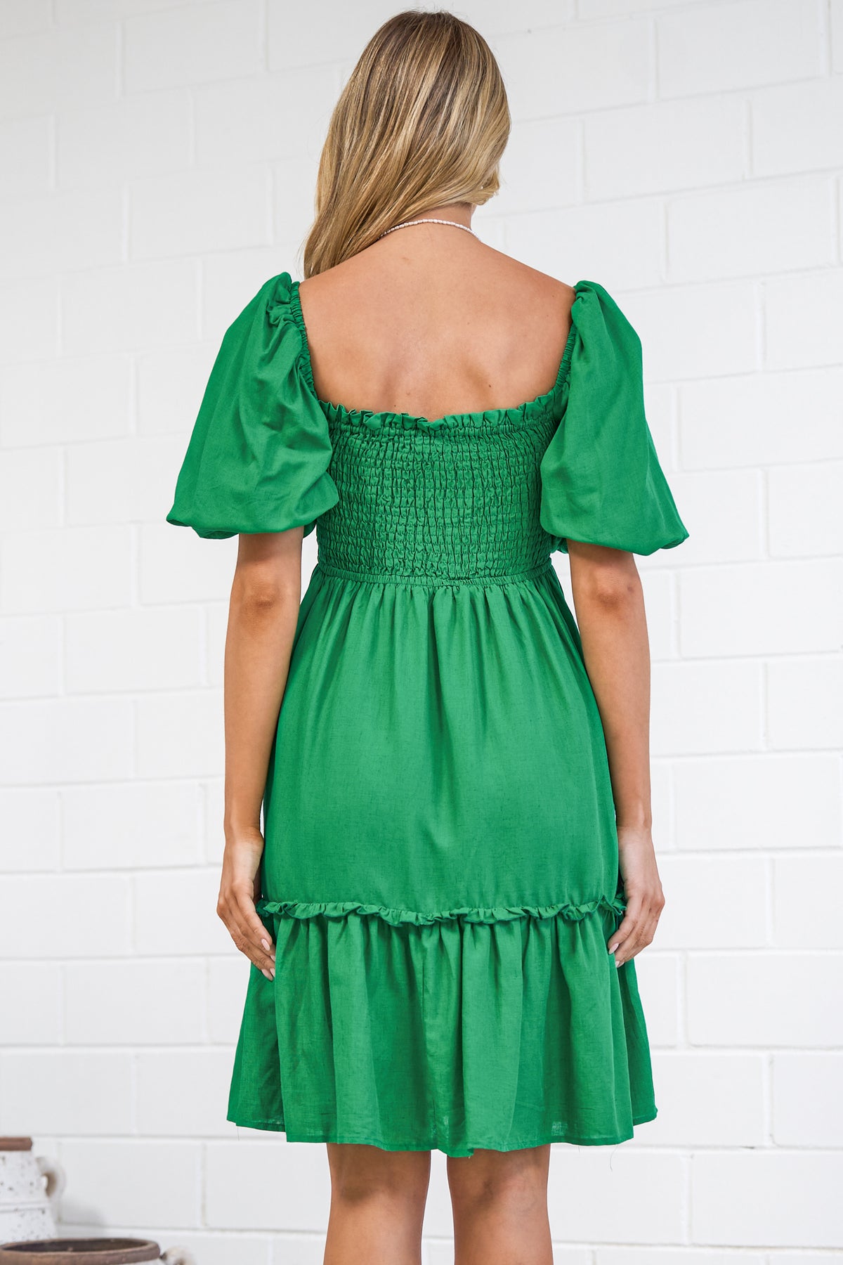 Virdia Mini Dress - On or Off Shoulder Puff Sleeve A Line Dress with Pockets in Green