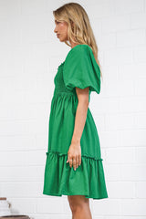 Virdia Mini Dress - On or Off Shoulder Puff Sleeve A Line Dress with Pockets in Green