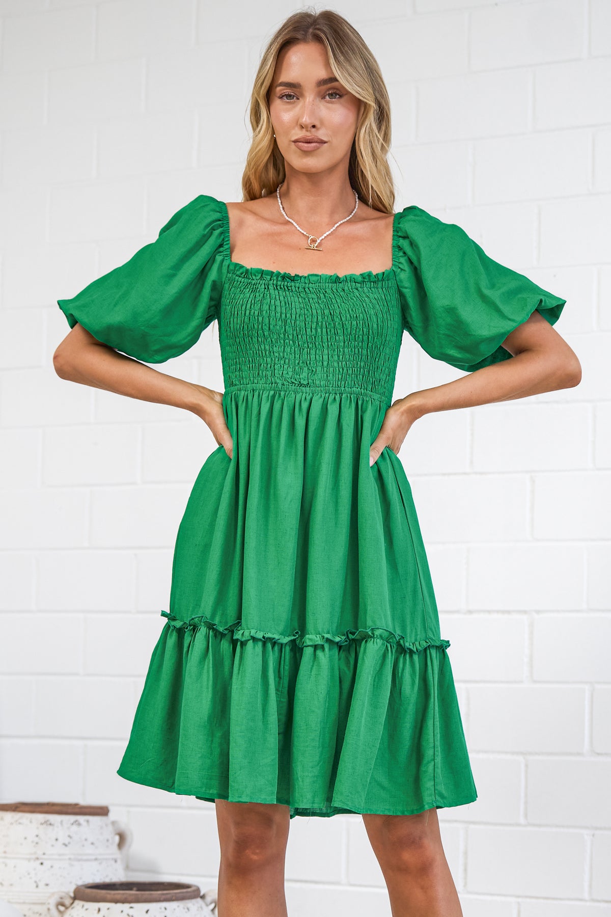Virdia Mini Dress - On or Off Shoulder Puff Sleeve A Line Dress with Pockets in Green