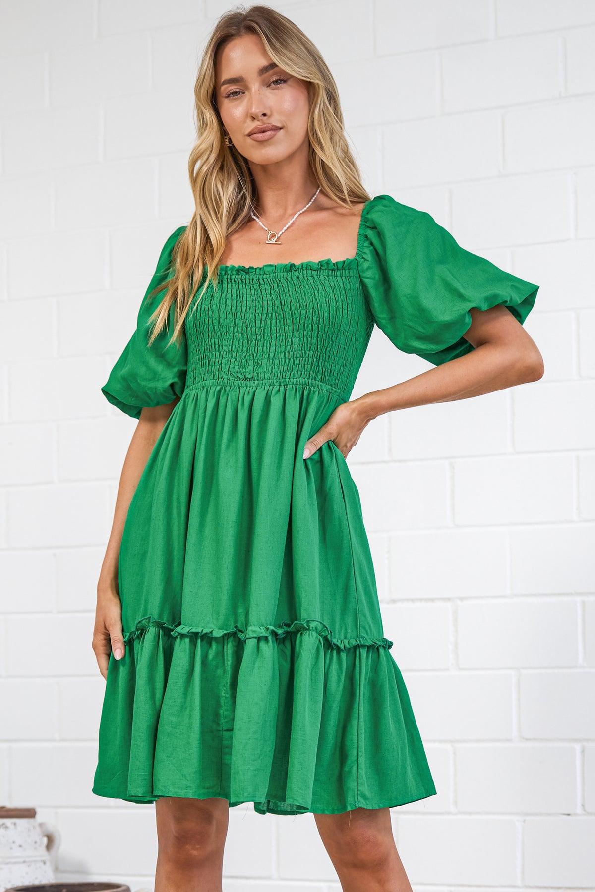 Virdia Mini Dress - On or Off Shoulder Puff Sleeve A Line Dress with Pockets in Green