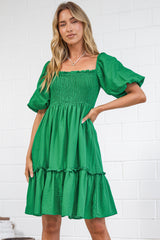Virdia Mini Dress - On or Off Shoulder Puff Sleeve A Line Dress with Pockets in Green