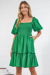 Virdia Mini Dress - On or Off Shoulder Puff Sleeve A Line Dress with Pockets in Green