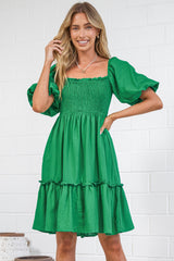 Virdia Mini Dress - On or Off Shoulder Puff Sleeve A Line Dress with Pockets in Green