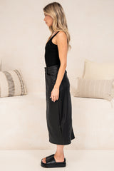 Vixen Midi Skirt - High Waisted PU Skirt with Back Split in Black