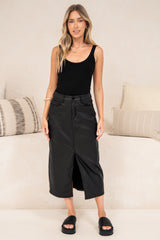 Vixen Midi Skirt - High Waisted PU Skirt with Back Split in Black