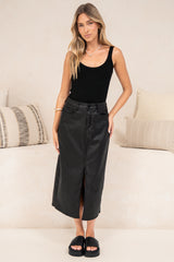 Vixen Midi Skirt - High Waisted PU Skirt with Back Split in Black