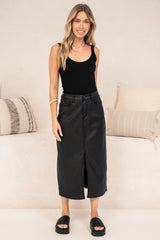 Vixen Midi Skirt - High Waisted PU Skirt with Back Split in Black