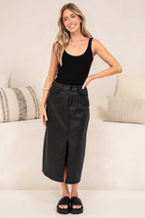 Vixen Midi Skirt - High Waisted PU Skirt with Back Split in Black