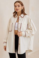 Harita Shirt - Wing Collar Oversize Corduroy Button Down in White/Brown