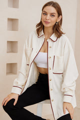 Harita Shirt - Wing Collar Oversize Corduroy Button Down in White/Brown