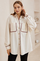 Harita Shirt - Wing Collar Oversize Corduroy Button Down in White/Brown