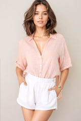 Shelly Shirt - Linen Collared Button Down Shirt in Pink