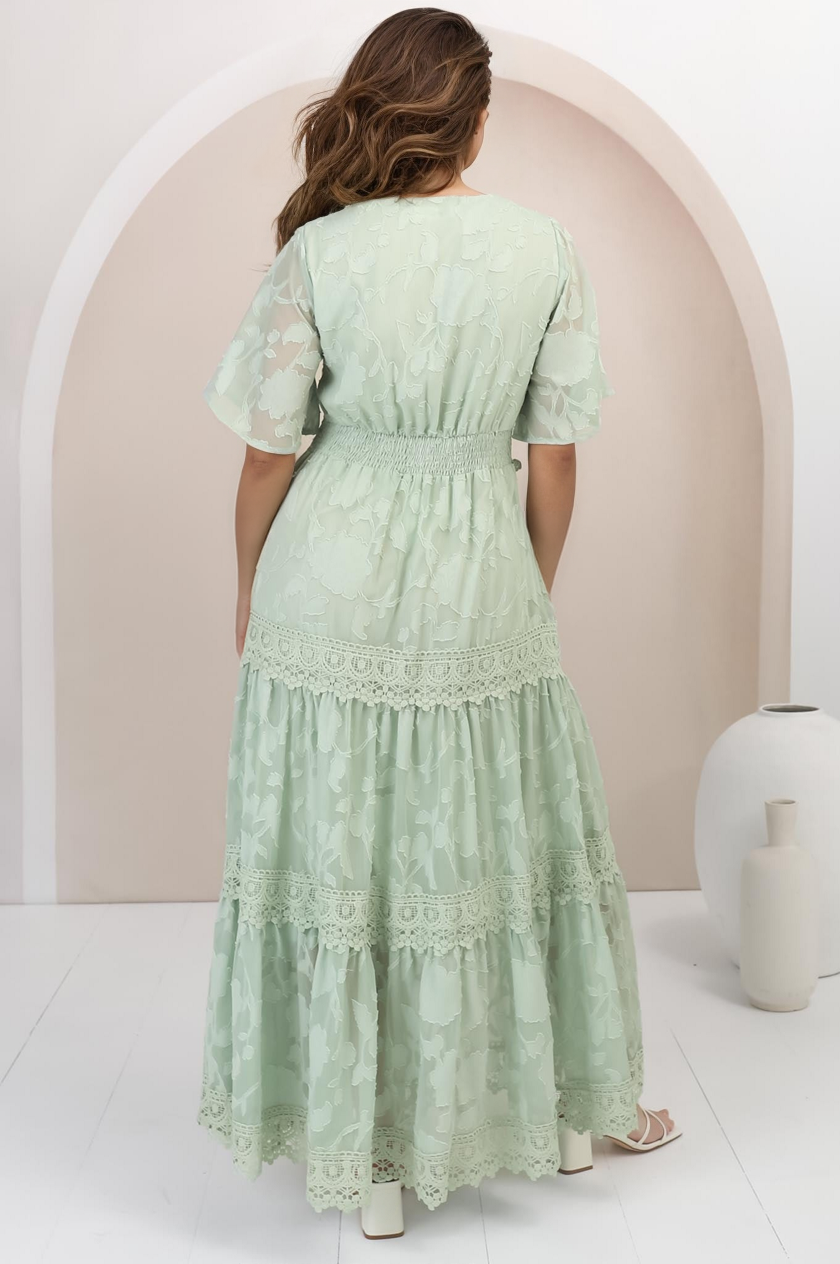 Madeline Maxi Dress - Lace Trim Embroidered A Line Dress in Mint