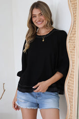 Walker Top - Round Neck Pull Over Top with Contrast Stitching in Black