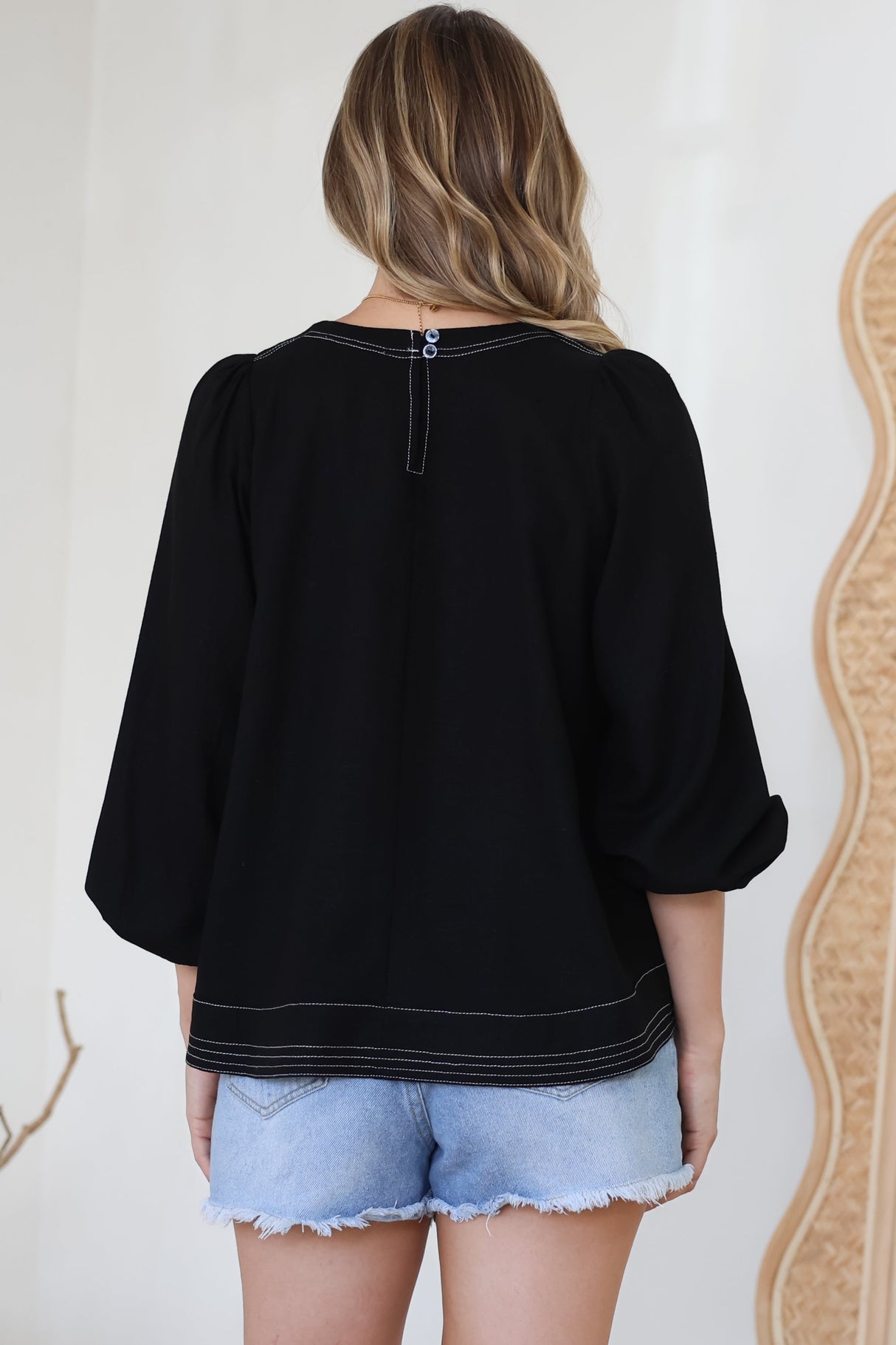Walker Top - Round Neck Pull Over Top with Contrast Stitching in Black