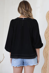 Walker Top - Round Neck Pull Over Top with Contrast Stitching in Black