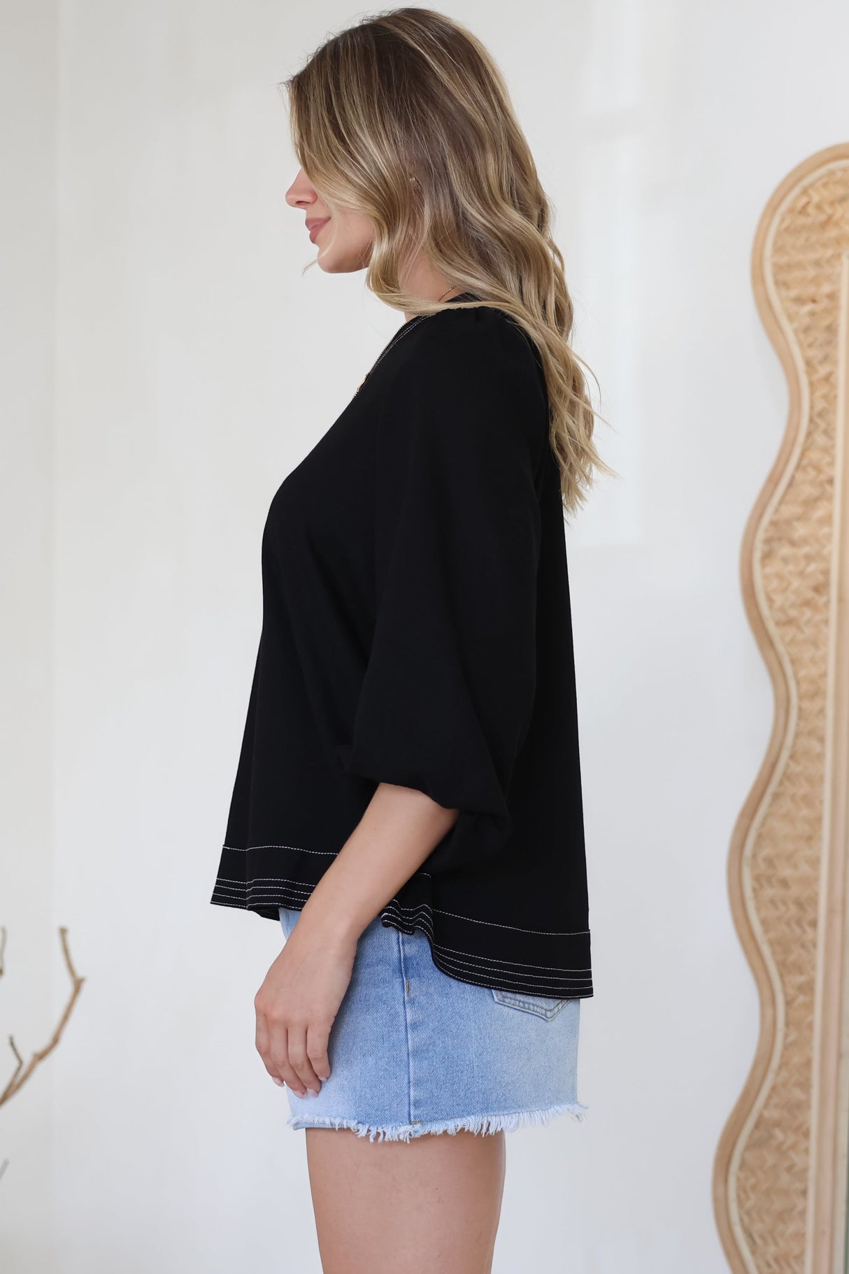 Walker Top - Round Neck Pull Over Top with Contrast Stitching in Black