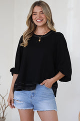 Walker Top - Round Neck Pull Over Top with Contrast Stitching in Black