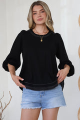 Walker Top - Round Neck Pull Over Top with Contrast Stitching in Black