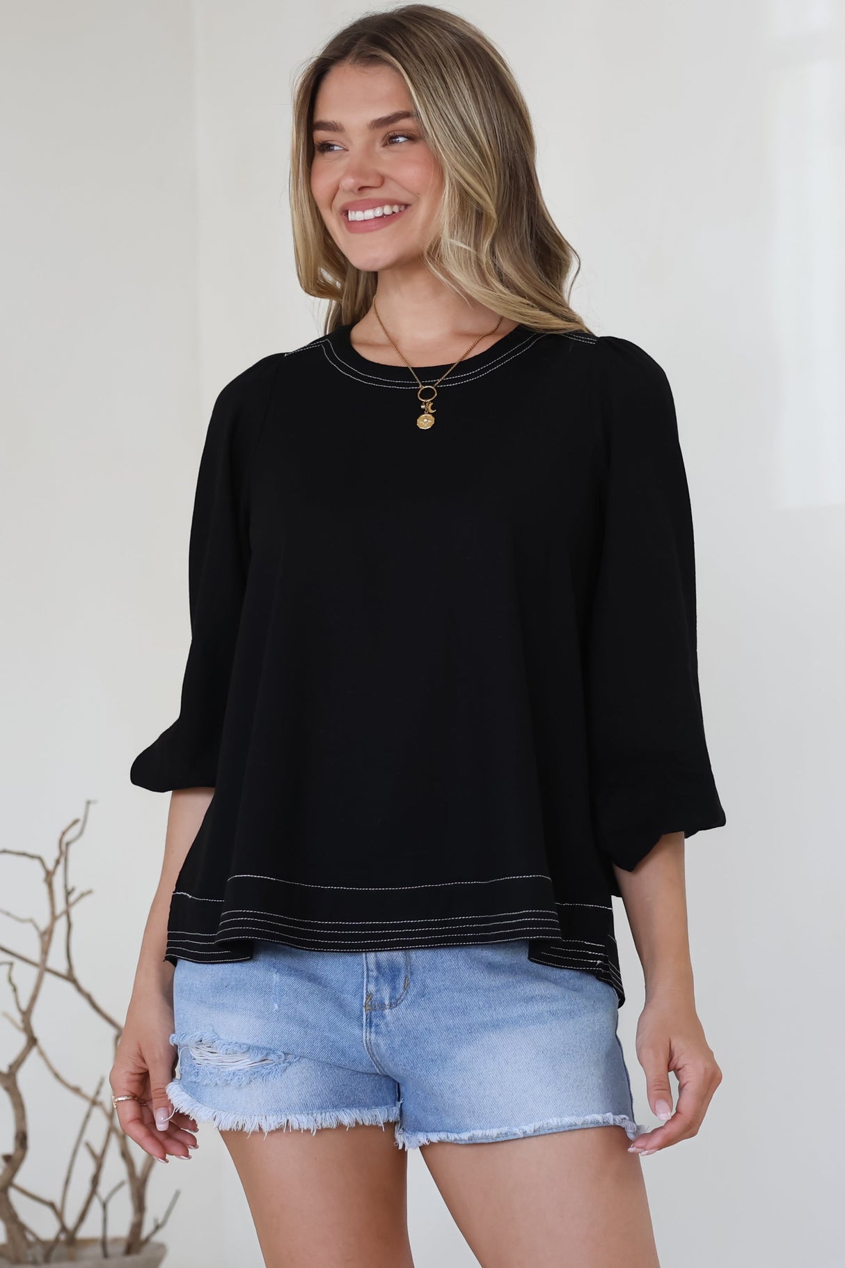Walker Top - Round Neck Pull Over Top with Contrast Stitching in Black