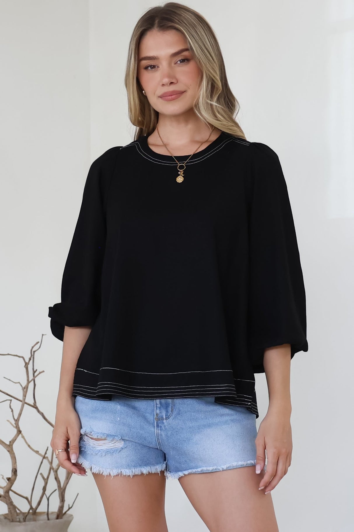 Walker Top - Round Neck Pull Over Top with Contrast Stitching in Black