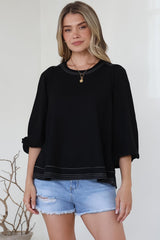 Walker Top - Round Neck Pull Over Top with Contrast Stitching in Black