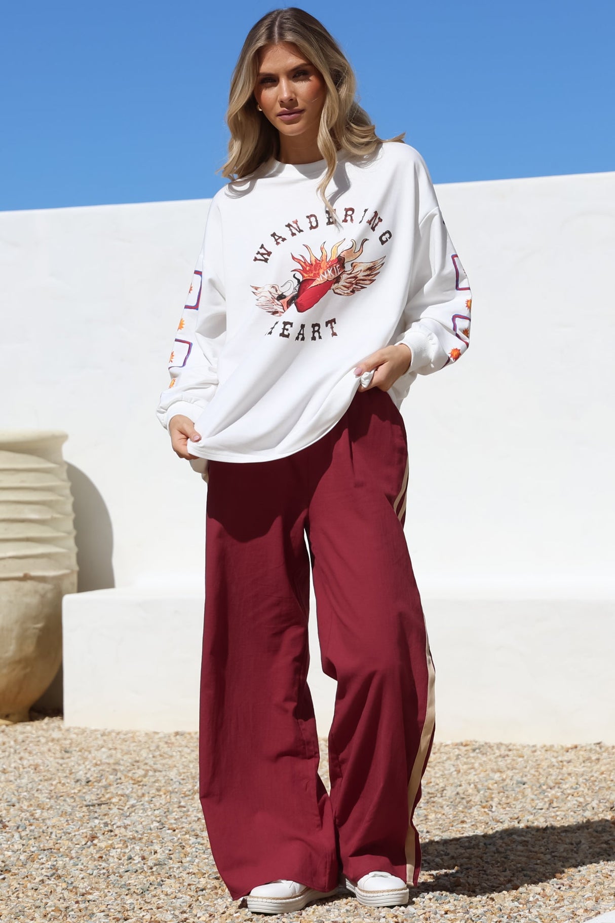 Wandering Heart Set - Graphic Long Sleeve Top and Pants with Stripe Accent in Red