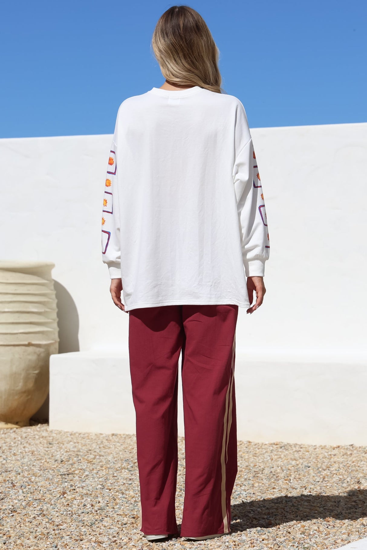 Wandering Heart Set - Graphic Long Sleeve Top and Pants with Stripe Accent in Red
