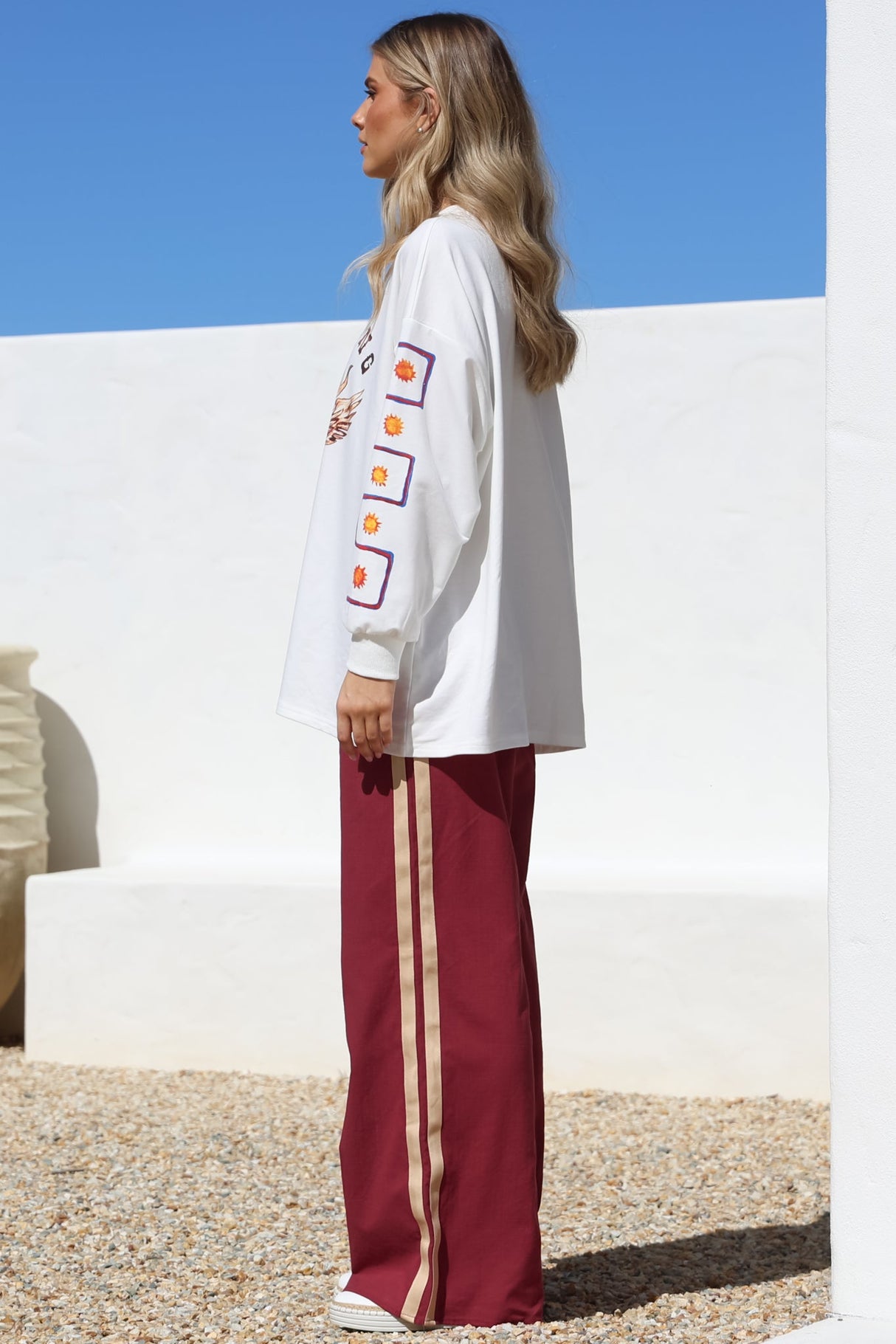 Wandering Heart Set - Graphic Long Sleeve Top and Pants with Stripe Accent in Red