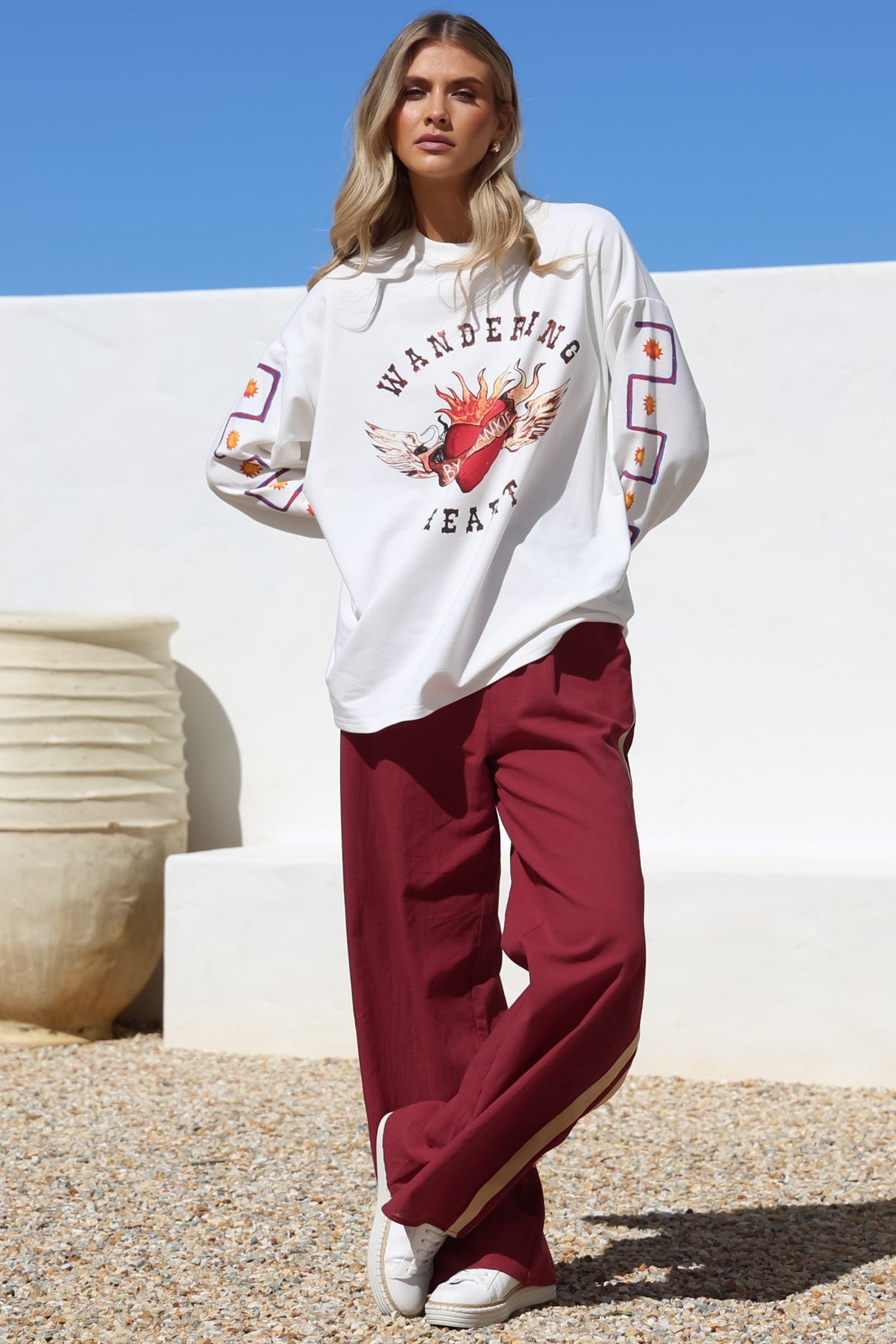 Wandering Heart Set - Graphic Long Sleeve Top and Pants with Stripe Accent in Red