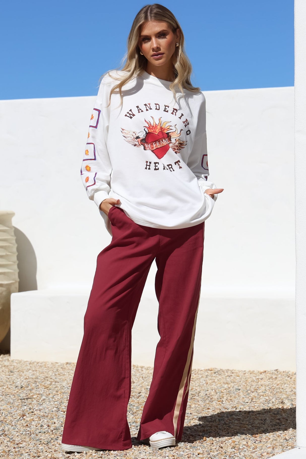 Wandering Heart Set - Graphic Long Sleeve Top and Pants with Stripe Accent in Red