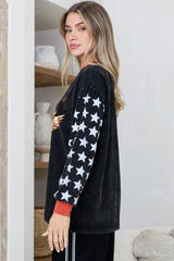 Wandering Heart Long Sleeve Tee - Crew Neck Contrast Sport Stripe Graphic T-Shirt in Black
