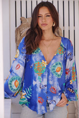 JAASE - Waterlily Blouse: Deep V Neck Button Down Blouse in Meraki Print