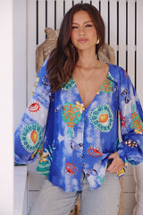 JAASE - Waterlily Blouse: Deep V Neck Button Down Blouse in Meraki Print