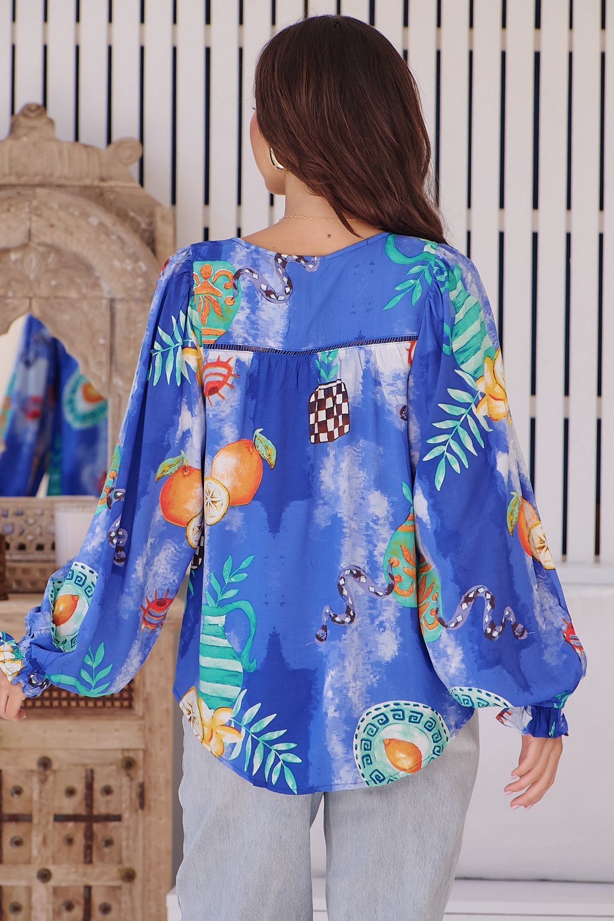 JAASE - Waterlily Blouse: Deep V Neck Button Down Blouse in Meraki Print