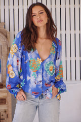 JAASE - Waterlily Blouse: Deep V Neck Button Down Blouse in Meraki Print