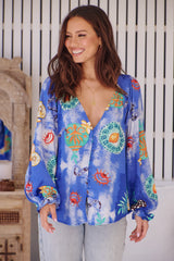 JAASE - Waterlily Blouse: Deep V Neck Button Down Blouse in Meraki Print