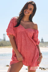 JAASE - Wattle Mini Dress: On or Off Shoulder Dress with Short Sleeves in Little Bow Print